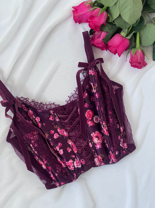 VS Plum Lace Floral Boned Corset Top