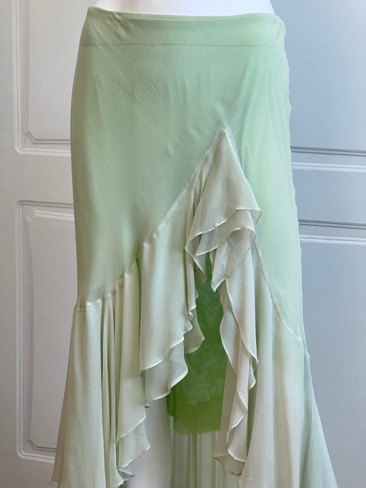 Luxurious Designer 100% Silk Lime Maxi Ruffle Skirt