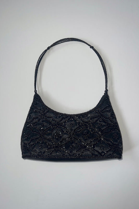Vintage Black Beaded Croissant Purse