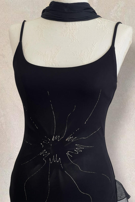 Vintage Black Slip Dress & Scarf Ensemble