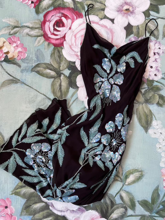 Luxurious vintage 100% silk 1990s slip dress with delicate floral beading, front view
