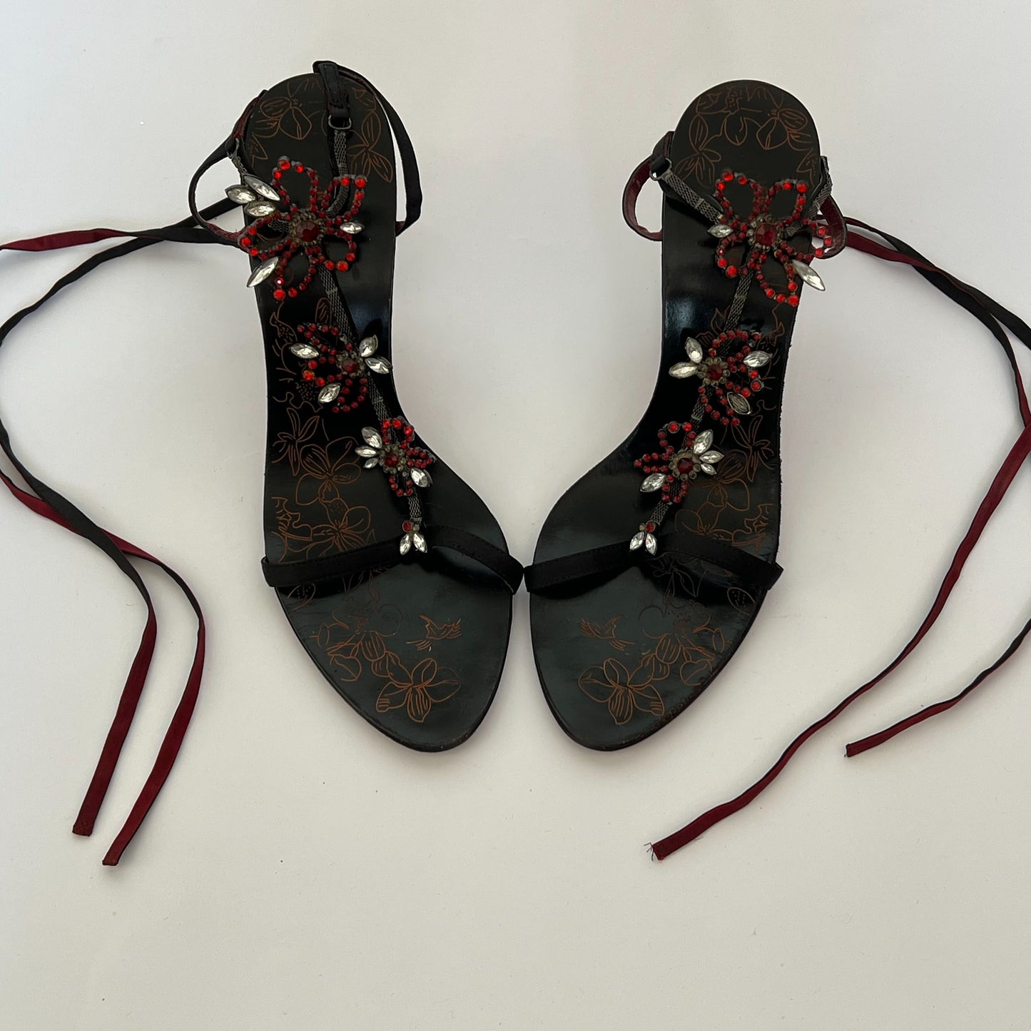 Black Rhinestone Ankle Wrap Sandal Heels