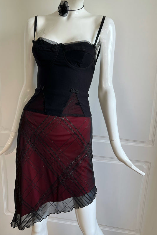 1990's Wine Red Overlay Plaid Skirt