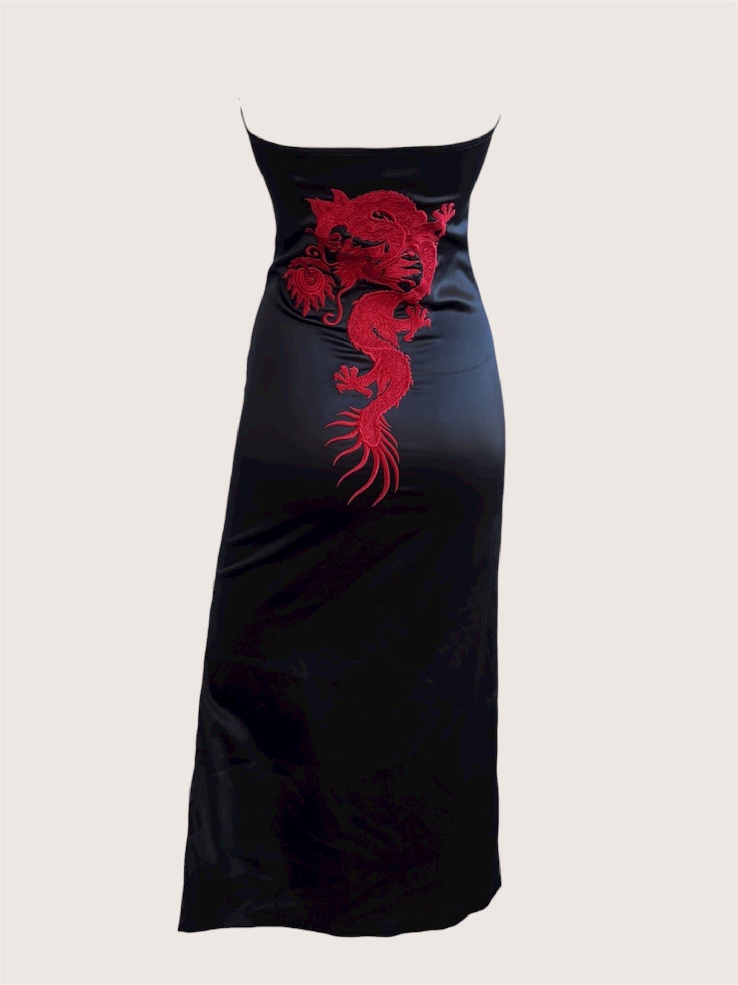 1990's Luxurious Black Satin Dragon Dress