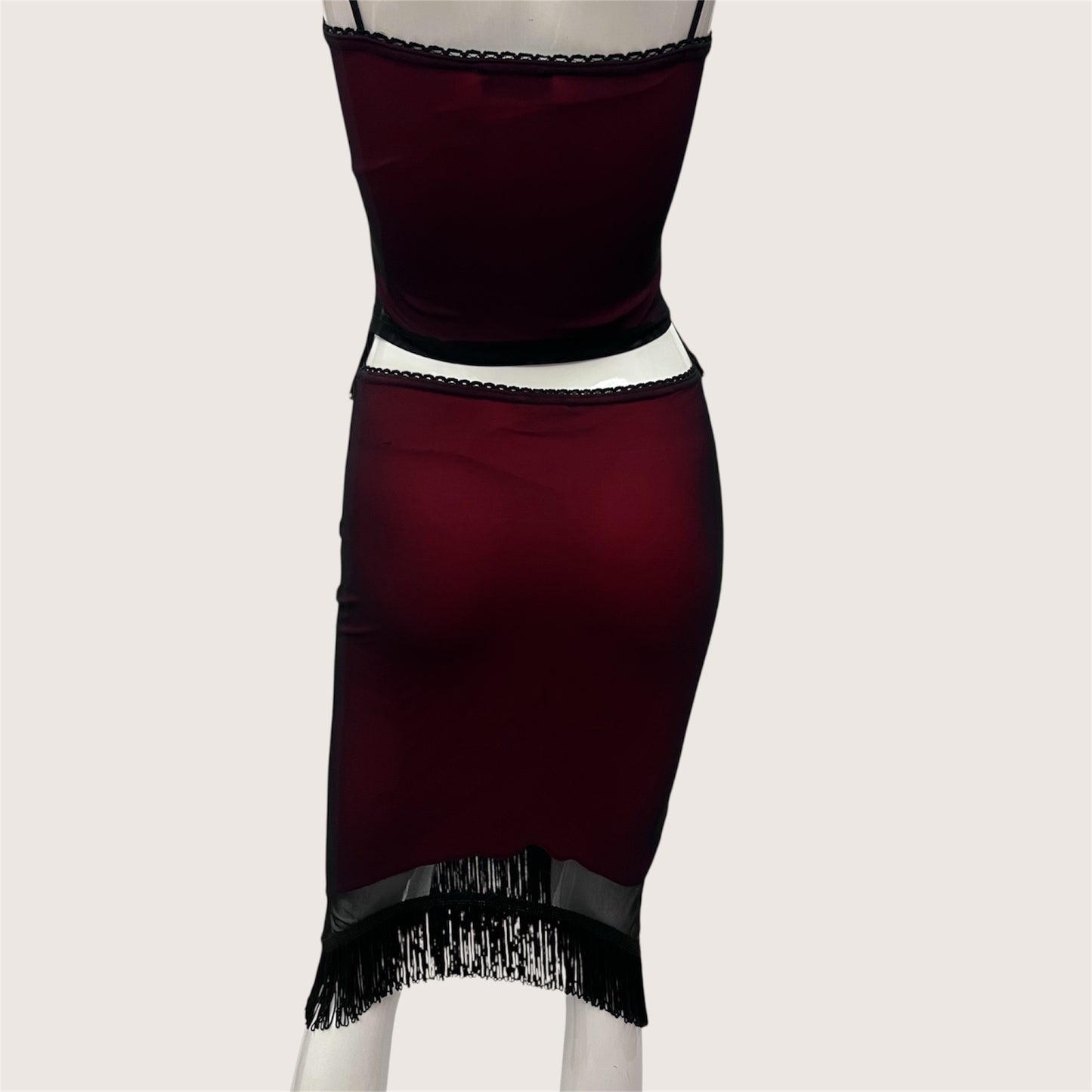 1990's Wine Red Overlay Top & Skirt Ensemble
