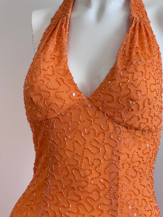 Vintage Orange Beaded Mini Dress