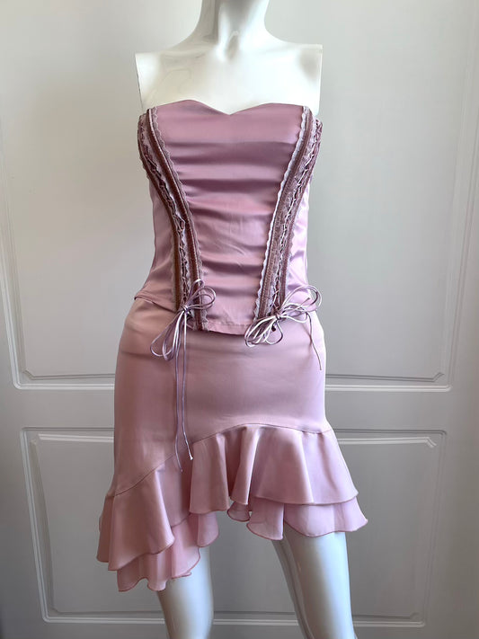 1990's Dusty Pink Satin Ruffle Mini Skirt