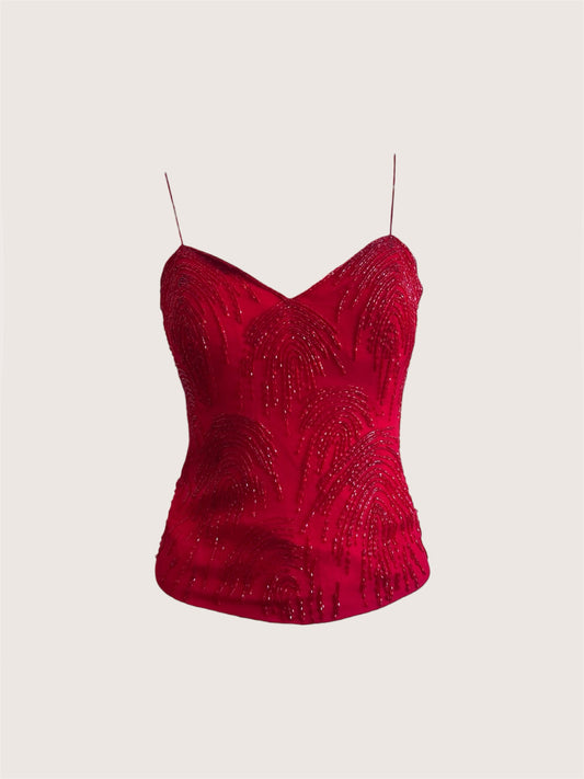 100% Silk Vintage Red Beaded Corset Top