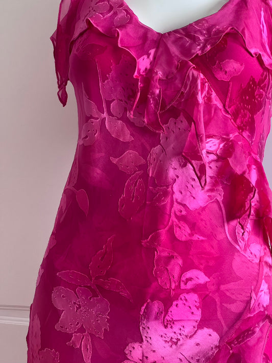 Vintage Fuchsia Silk Floral Ruffle Dress