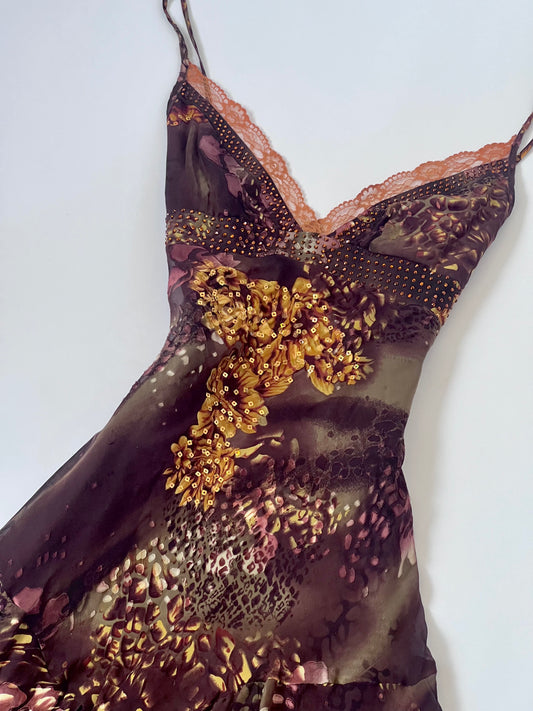 100% Silk Vintage Asymmetrical Floral Mini Dress