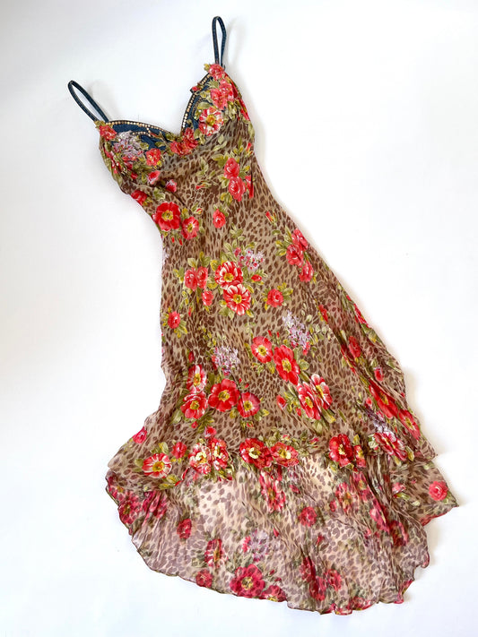 Luxurious Designer 100% Silk Animal Print & Floral Slip Dress