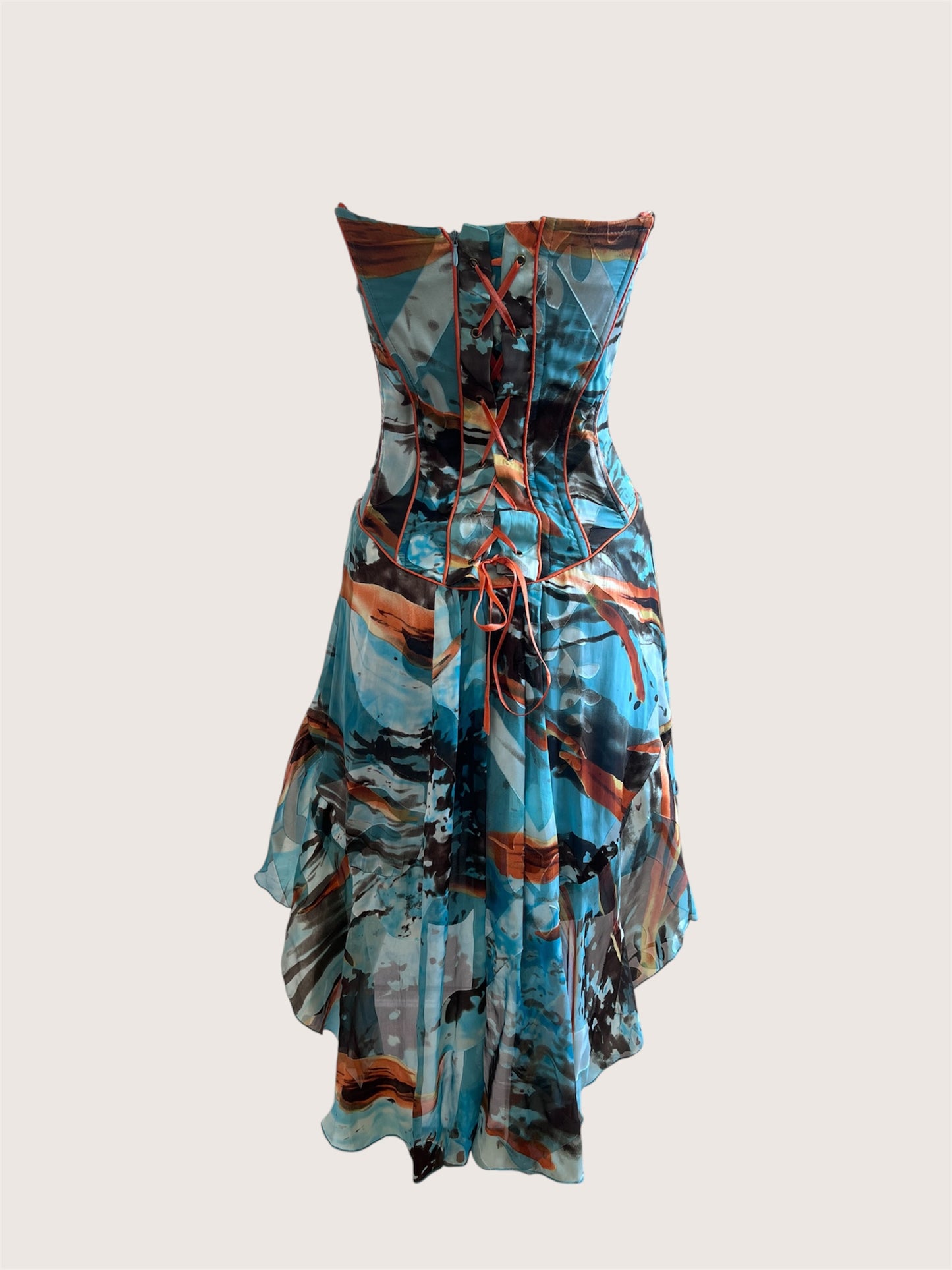 Luxurious Designer Silk Teal Mini Corset Dress