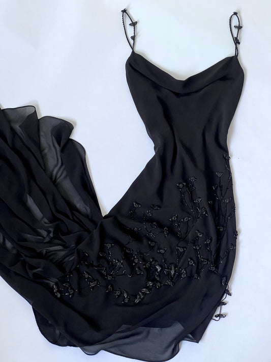 1990's Vintage Black Rosette Slip Dress