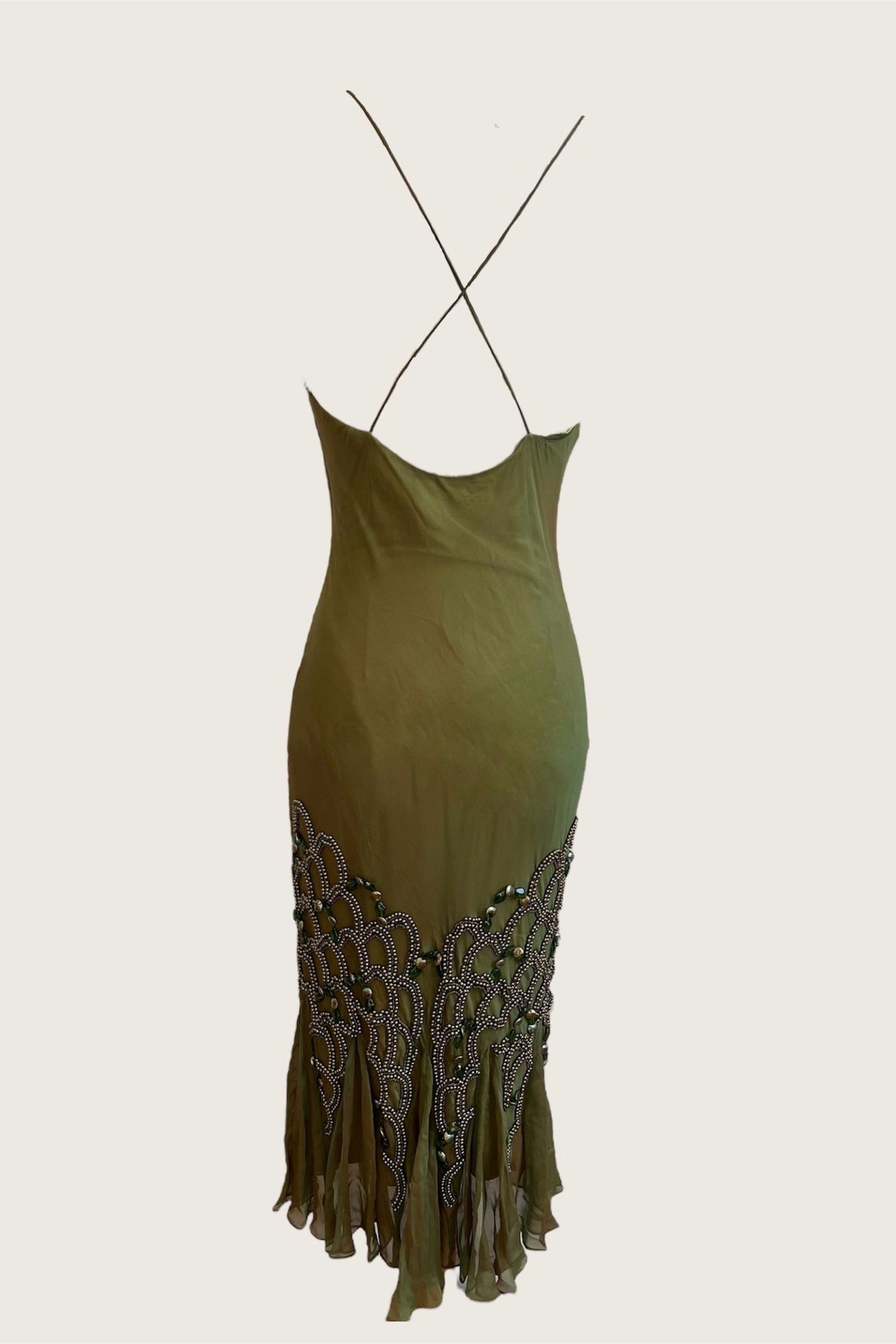 Vintage Silk Seaweed Green Beaded Dress