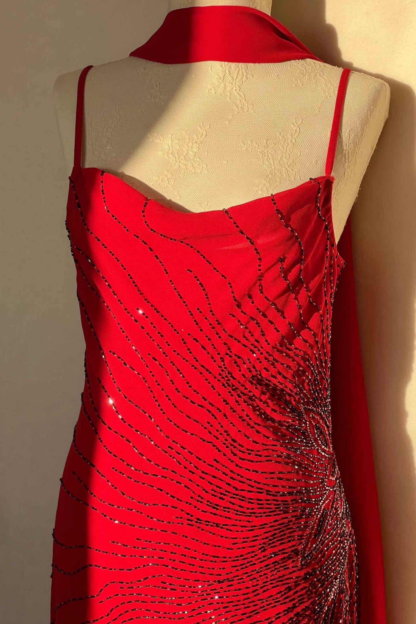100% Silk Crimson Red Beaded Gown & Scarf Ensemble