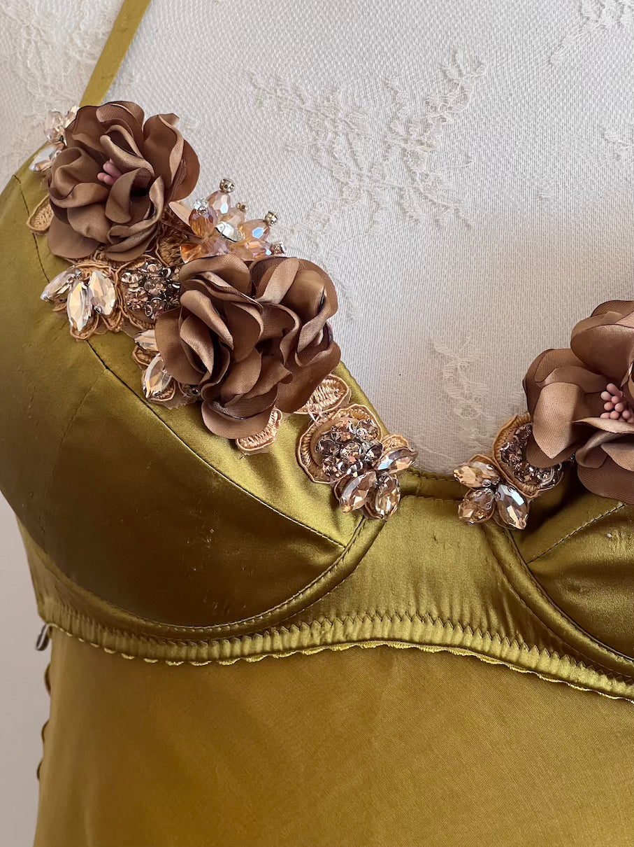 100% Silk Olive Flower Bouquet Bustier Dress