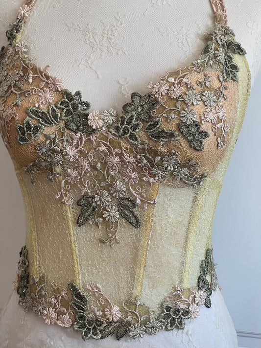 Luxurious Designer Lime Green Floral Halter Corset