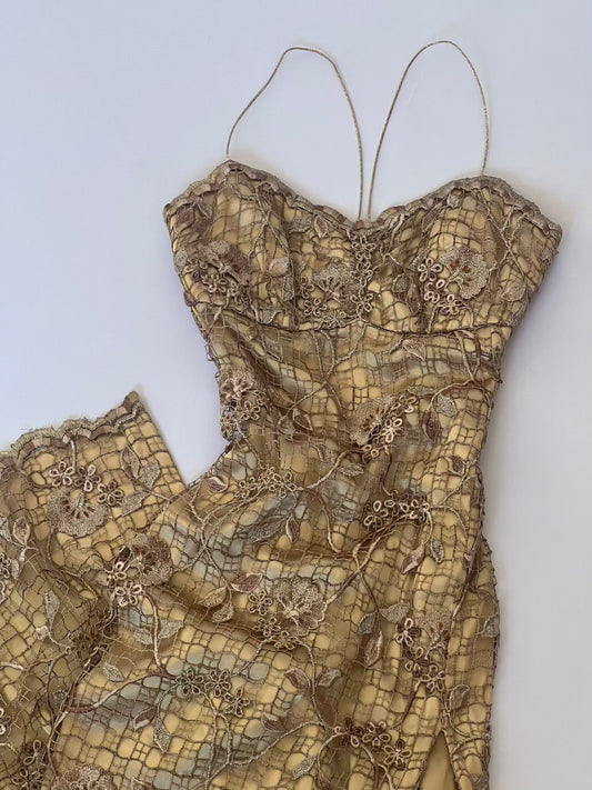 Vintage Gold Floral Lace Gown