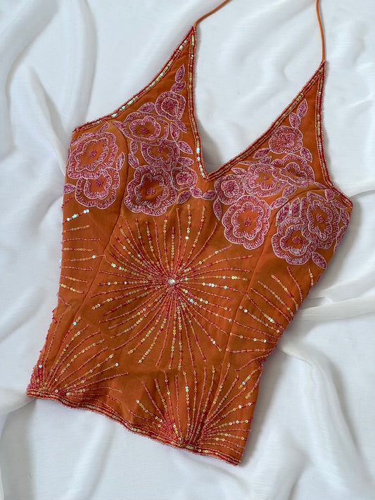 100% Silk Vintage Orange Beaded Corset Bodice