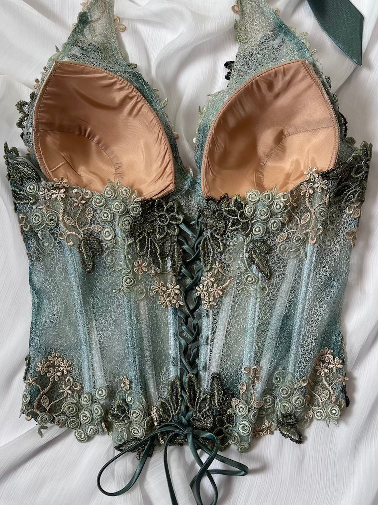 Luxurious Designer Sage Green Floral Halter Corset