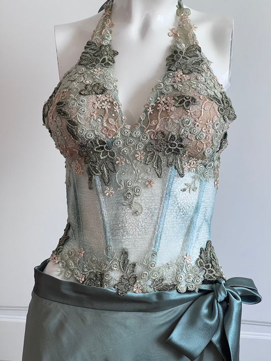 Luxurious Designer Sage Green Floral Halter Corset