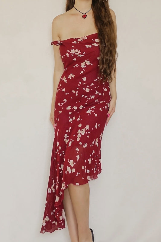 1990's Wine Red Floral Slip Dress