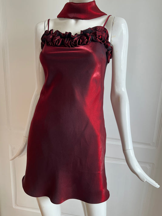 Vintage Burgundy Ruffled Satin Mini Slip Dress & Scarf Ensemble
