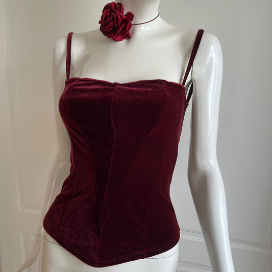 Vintage 1990's Burgundy Velour Corset Style Top