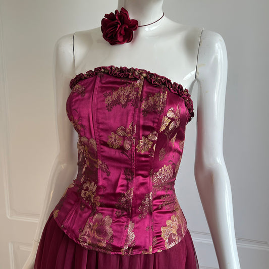 Vintage Rose Red Jacquard Lace-Up Corset