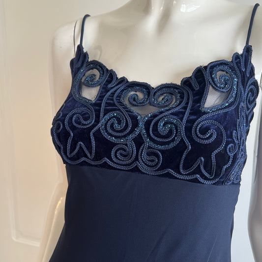 Vintage 1990's Dark Blue Embroidered Slip Gown