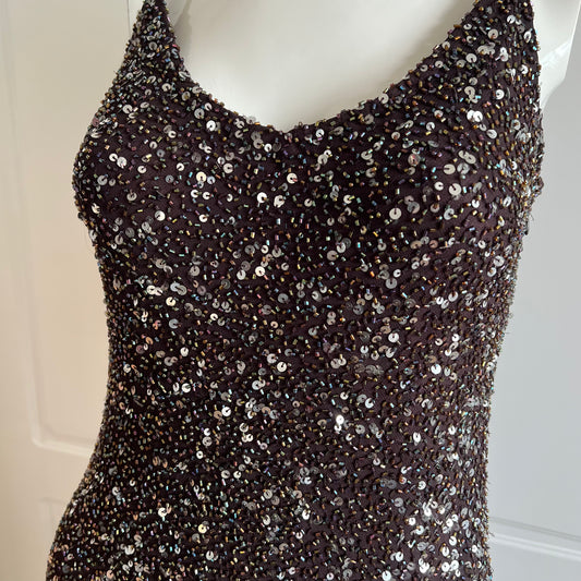 Vintage Chocolate Brown Beaded Tulle Gown