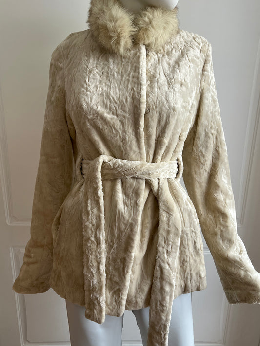 Vintage Ivory Fox Collar & Faux Fur Belted Coat