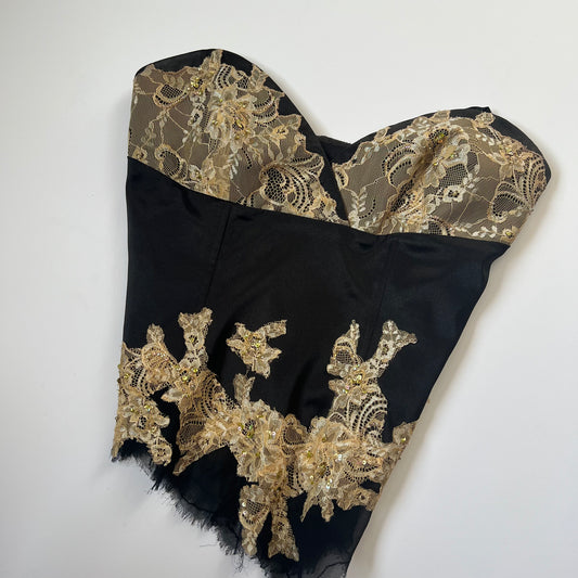 1990's Black Satin Embroidered Corset Top