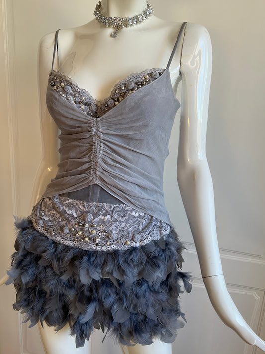 Luxurious Designer 100% Silk Silver Beaded Corset