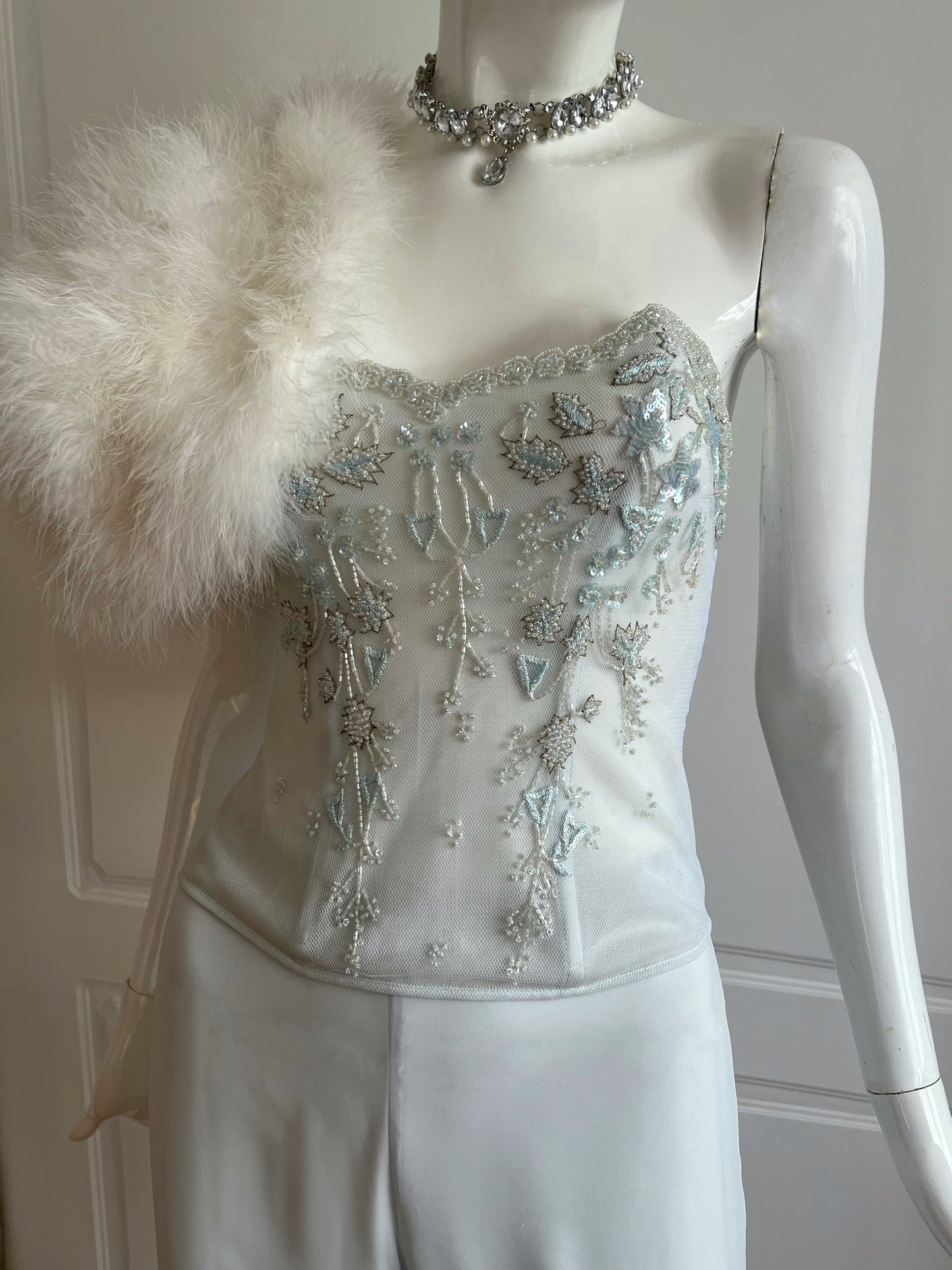 La Perla 1990's Ice Blue Beaded Corset & Pants Ensemble