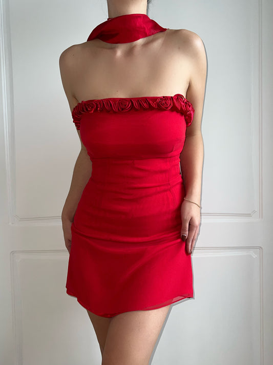 Vintage Red Rosette Mini Slip Dress & Scarf Ensemble