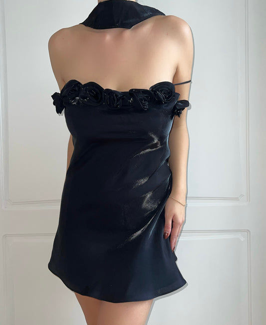 Vintage Black Rosette Satin Mini Slip Dress & Scarf Ensemble