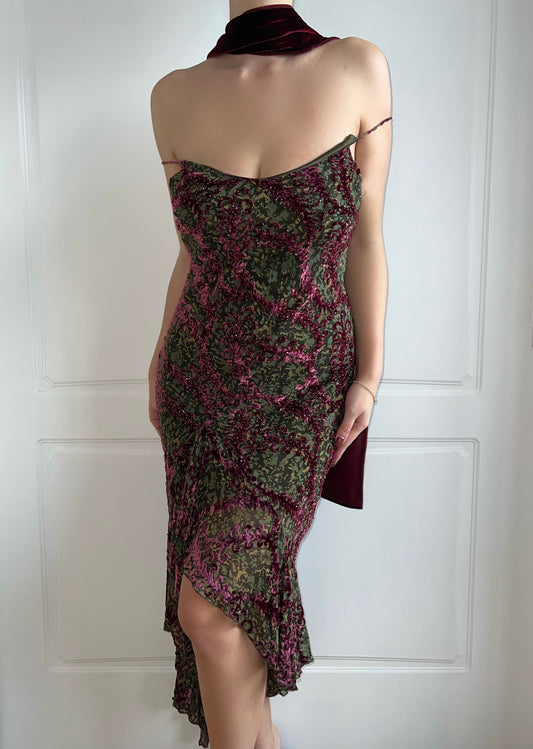 Luxurious Vintage Velvet Beaded Dress & Scarf Ensemble