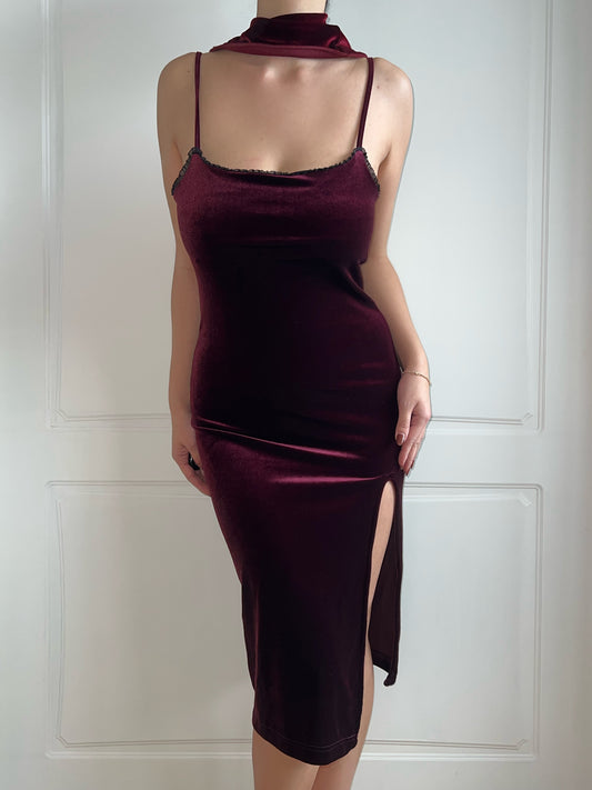 1990's Burgundy Velour Slit Dress