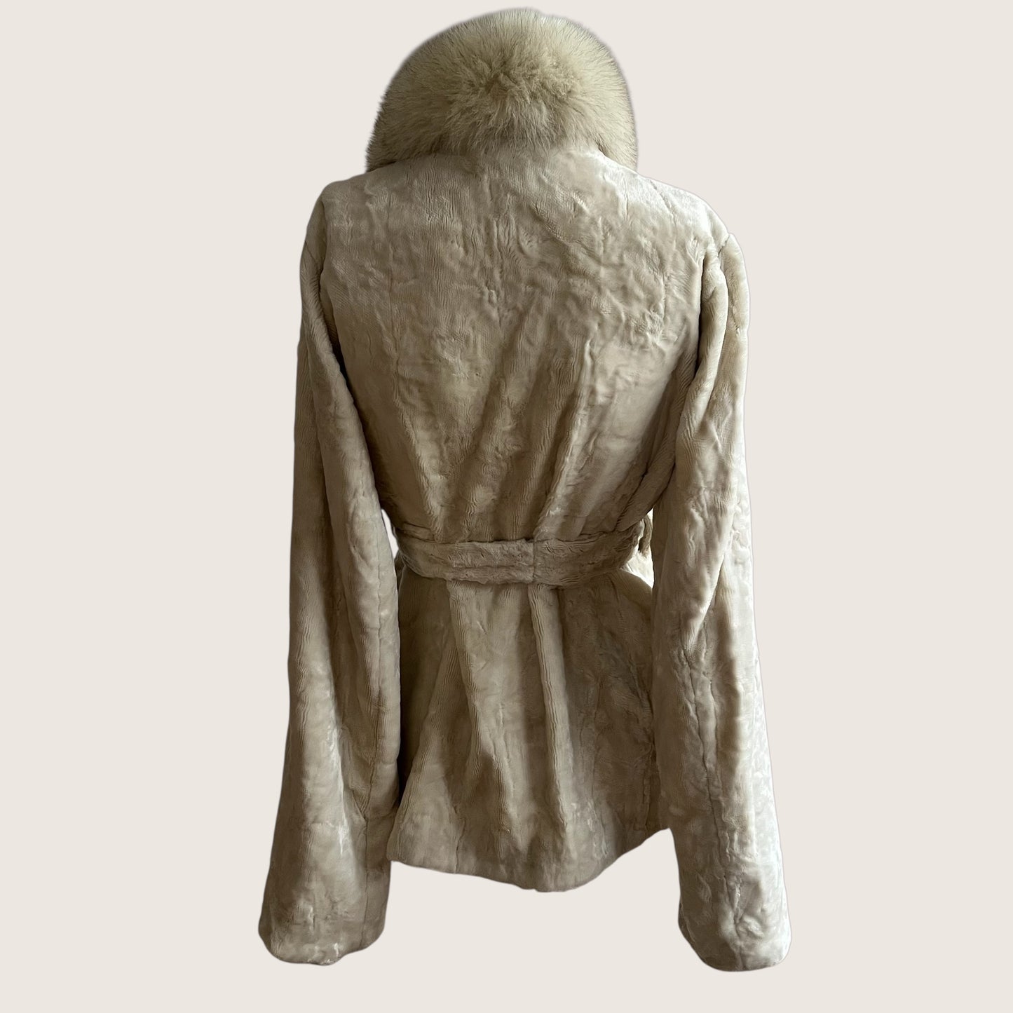 Vintage Ivory Fox Collar & Faux Fur Belted Coat