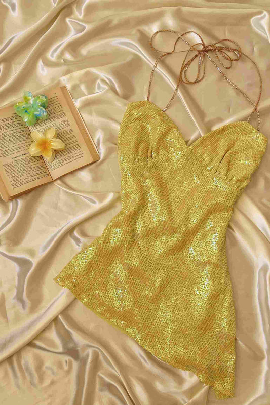 100% Silk Yellow Sequin Backless Top