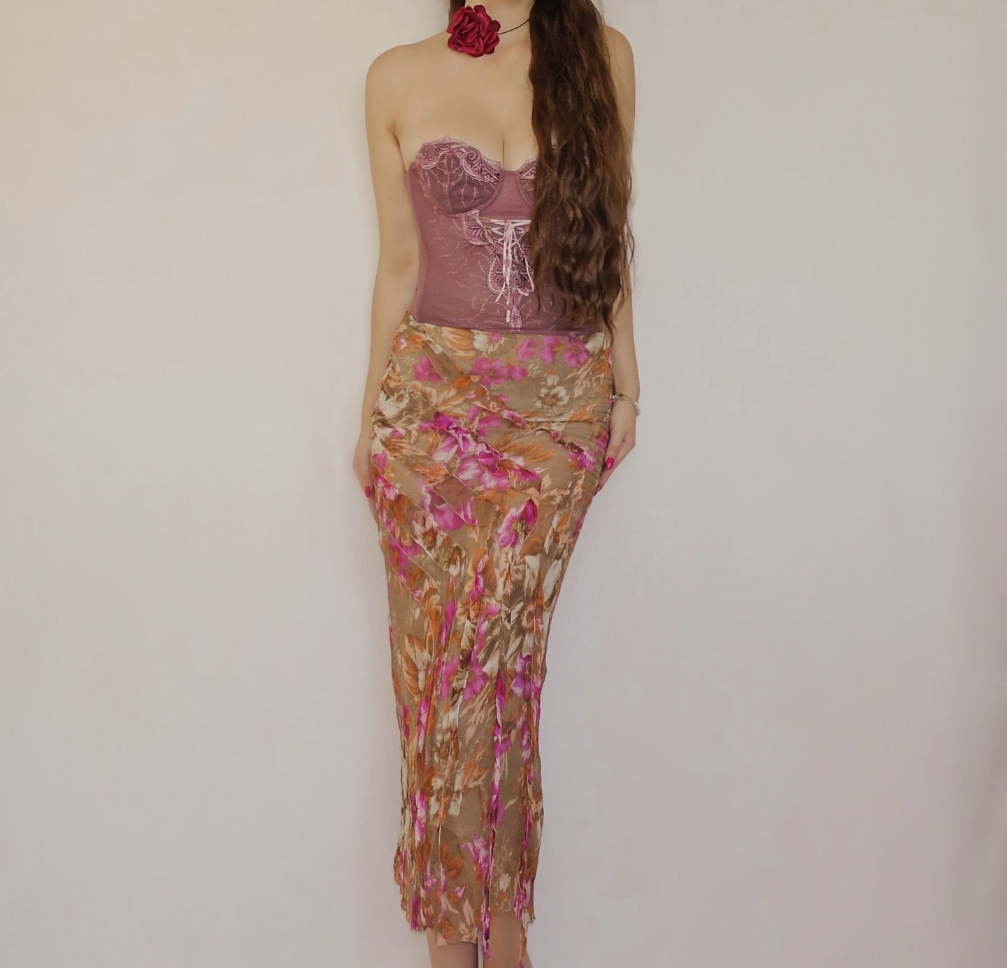100% Silk Pink & Brown Floral Ruffle Skirt