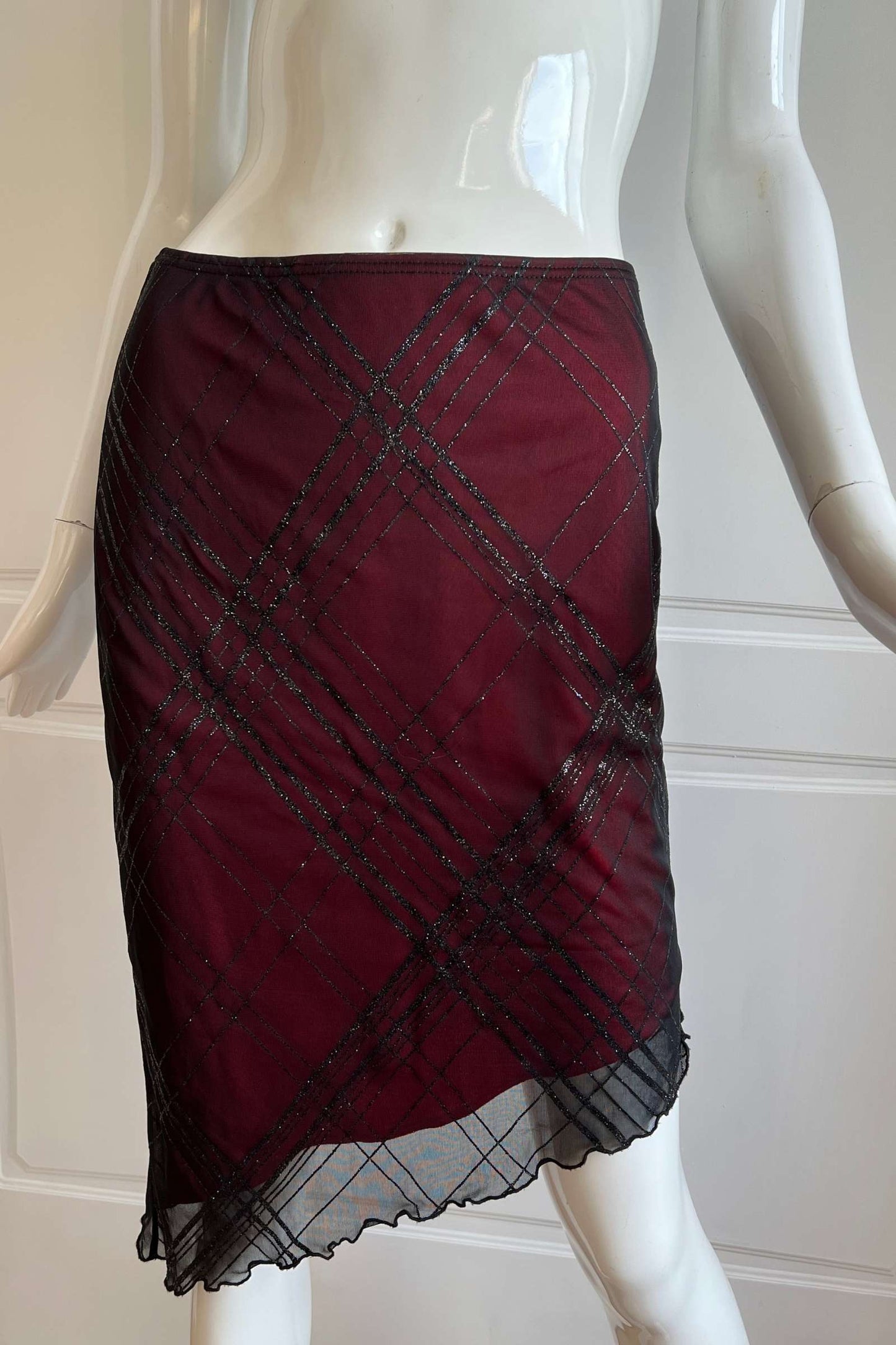 1990's Wine Red Overlay Plaid Skirt