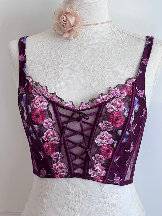 VS Plum Floral Embroidered Boned Corset Top