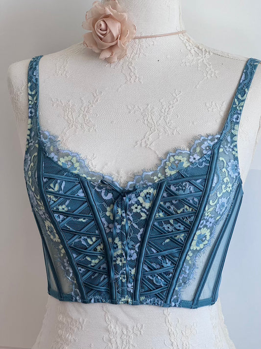VS Teal Blue Lace Floral Boned Corset Top