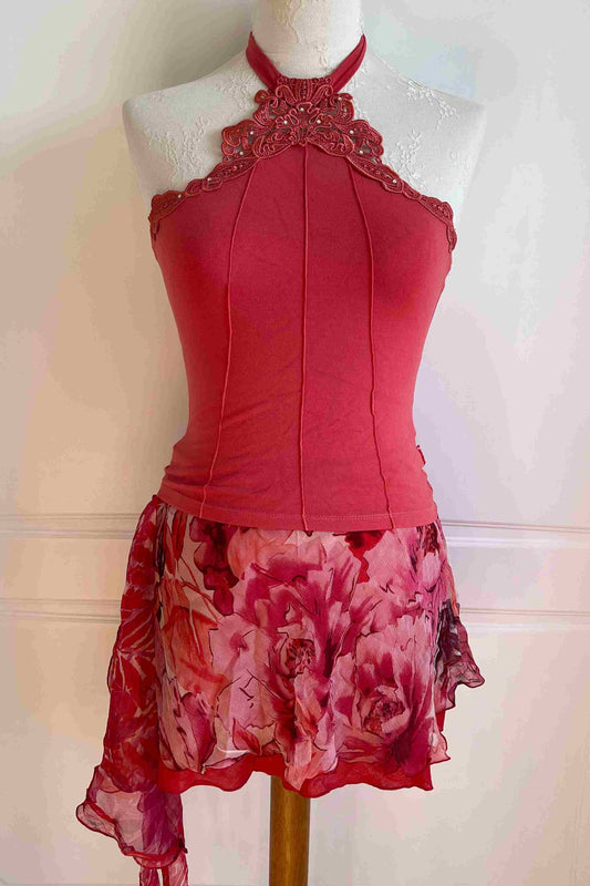 Coral Pink Embellished Halter Top