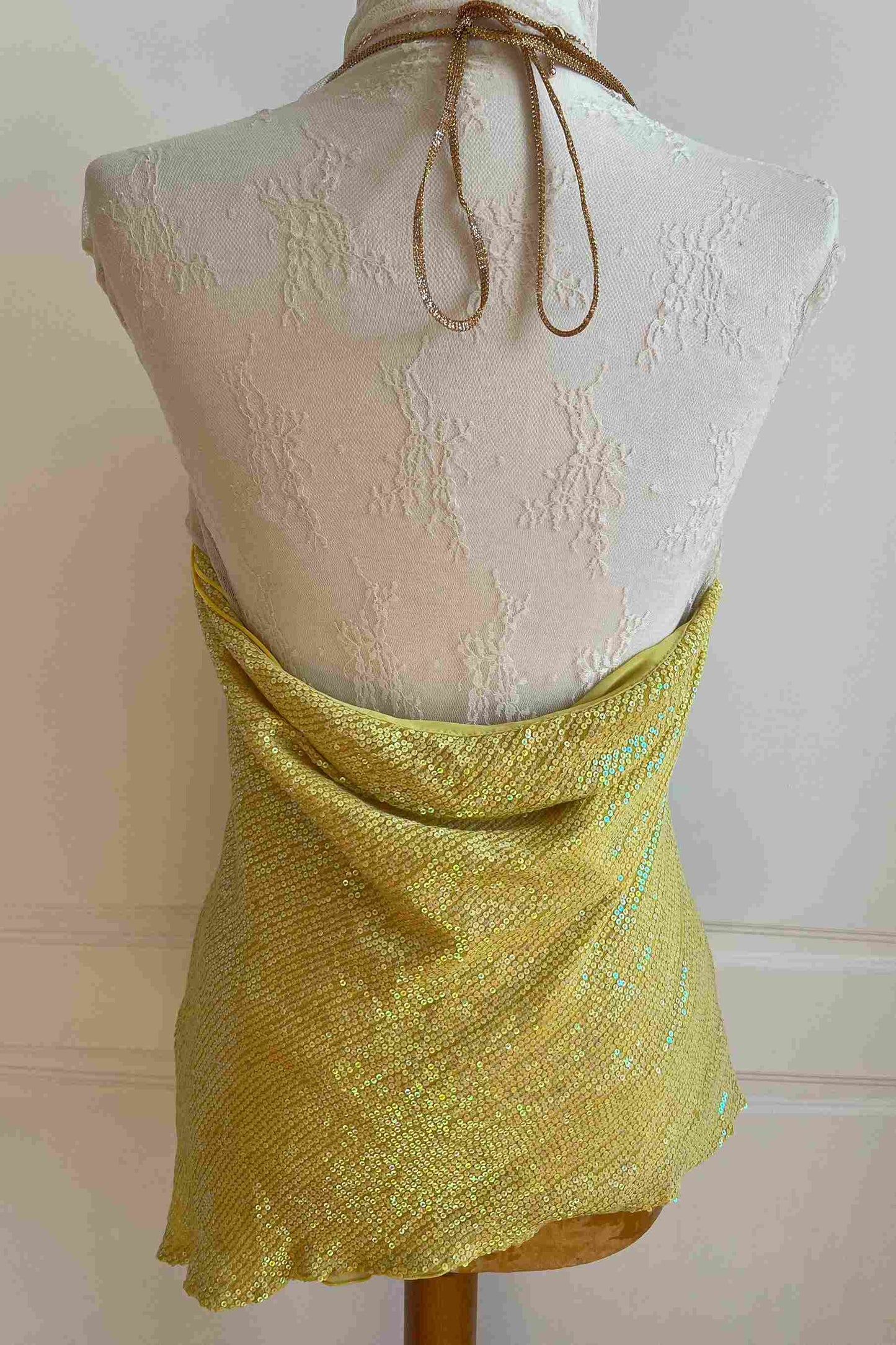 100% Silk Yellow Sequin Backless Top