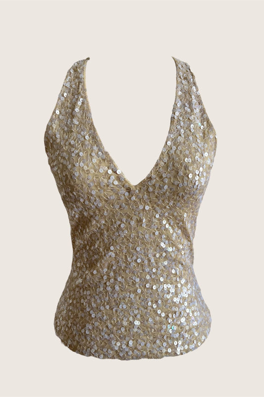 Pearl Beige Sequin Halter Camisole