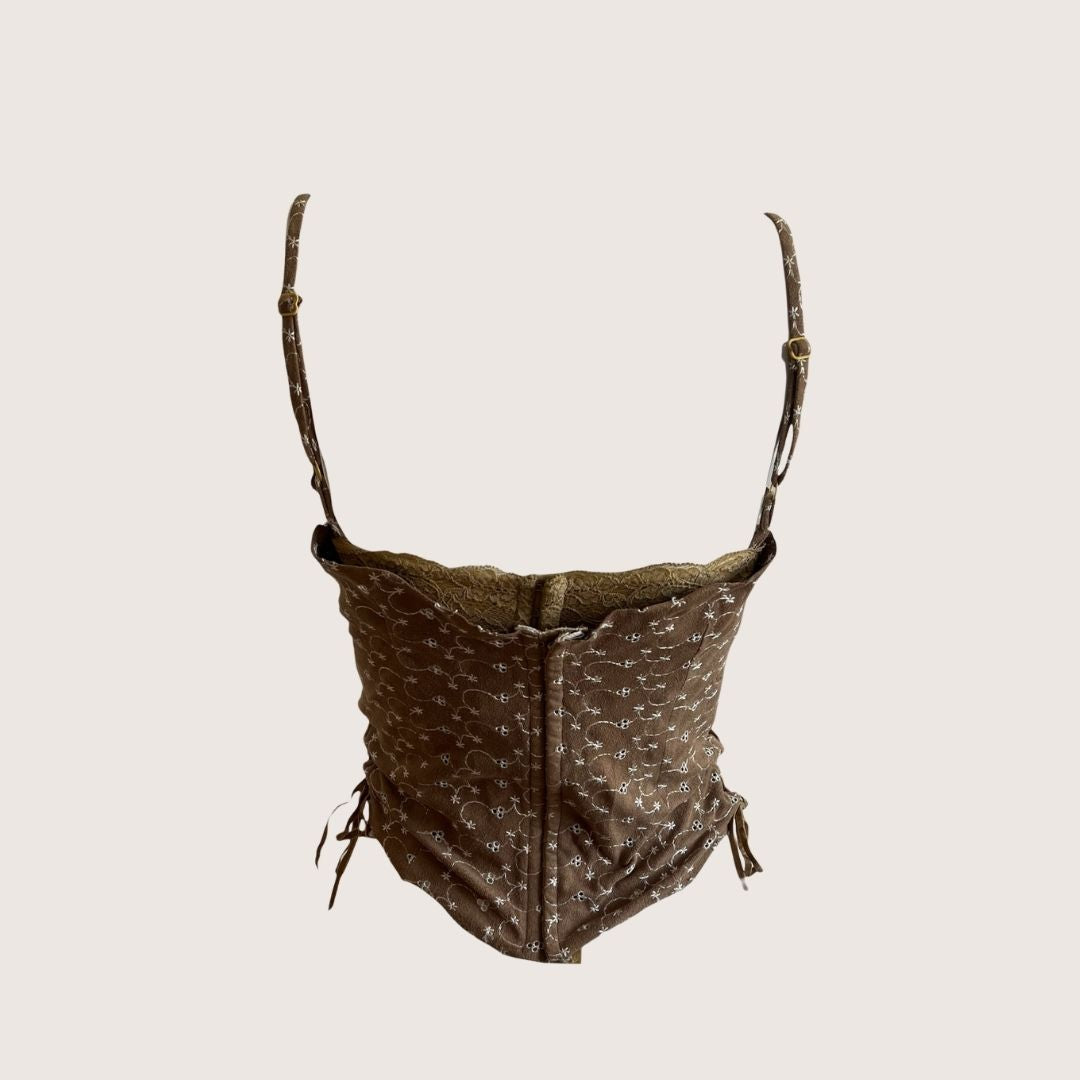 Vintage Luxurious Designer Taupe Eyelet Suedette Bustier