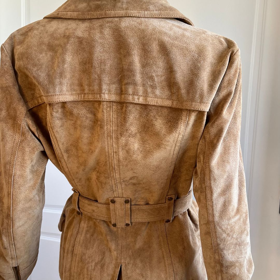 2000's Caramel Brown Suede Leather Belted Coat